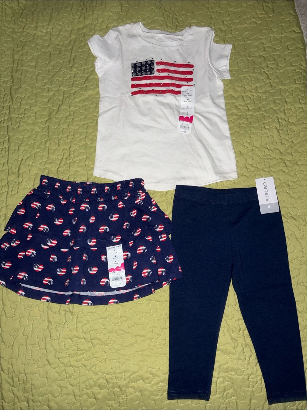 White Tee, Navy Flag-Print Skirt & Navy Leggings Set